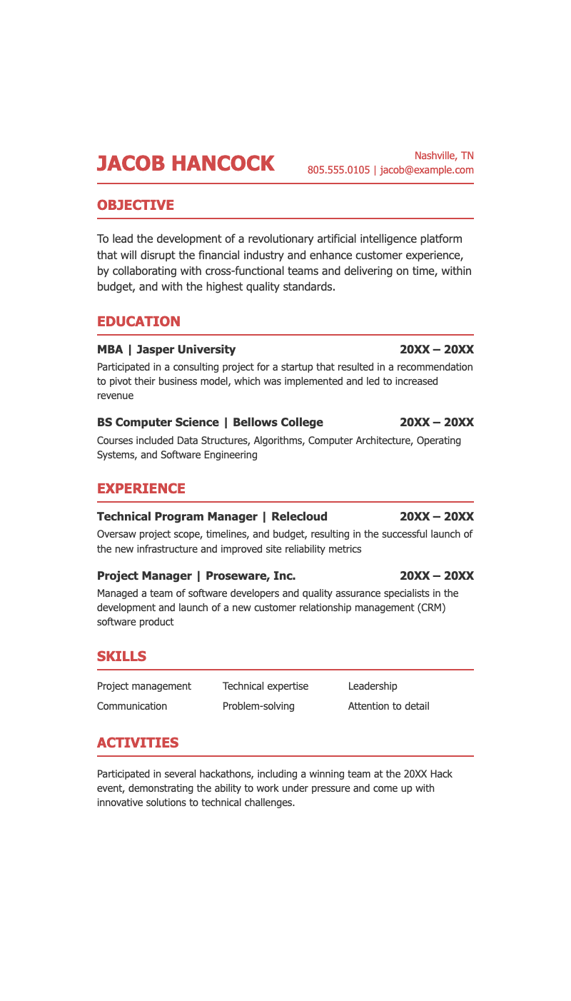 Project management resume - Clean, professional resume template with education, experience, and skills sections.